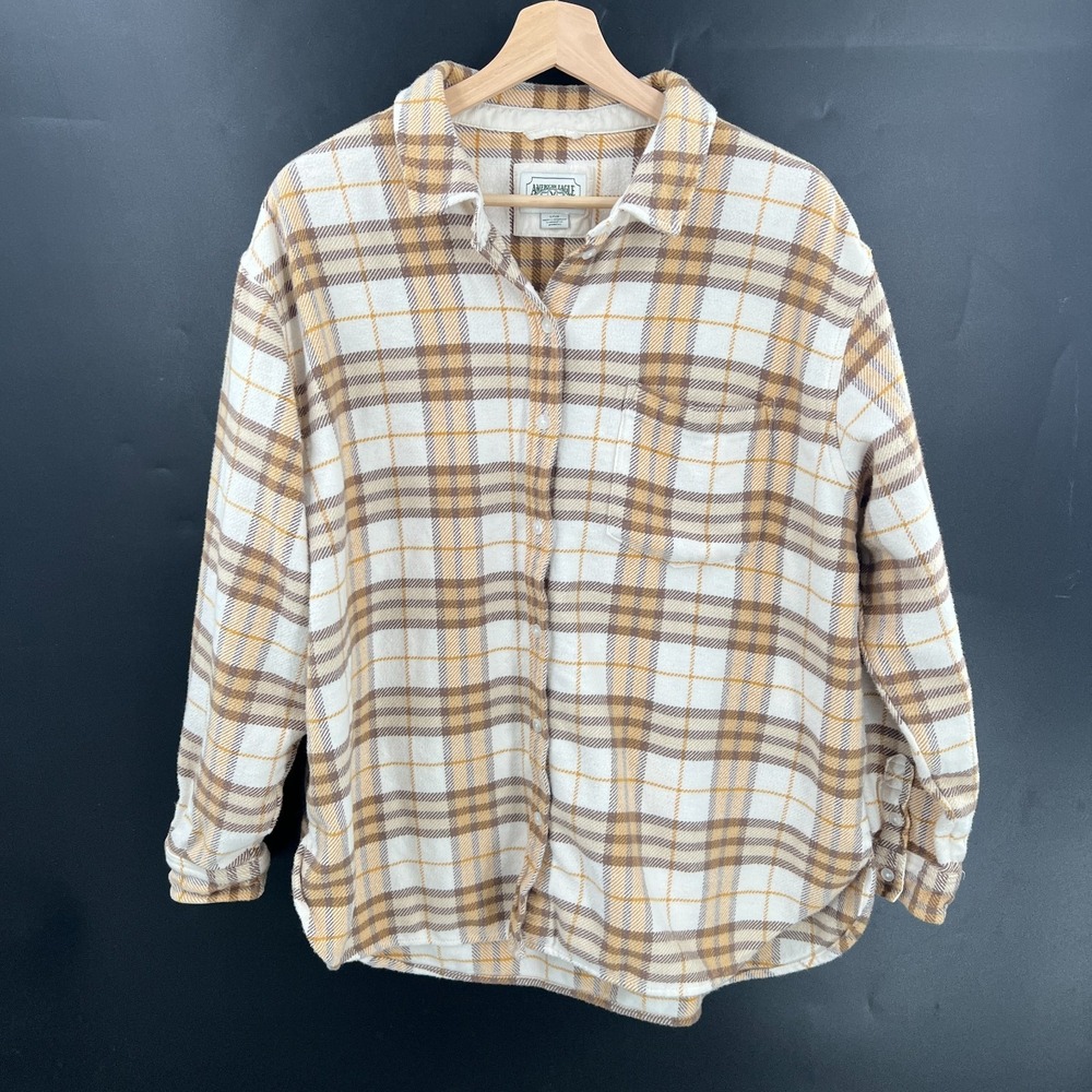 American Eagle Outfitters AEO heavyweight flannel shacket shirt yellow brown L